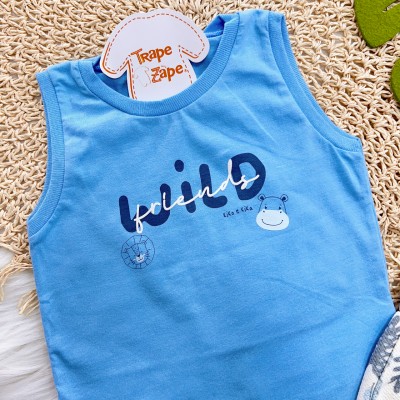 Conj. Regata Wild Friends e Bermuda em Linho Safari - Azul Claro